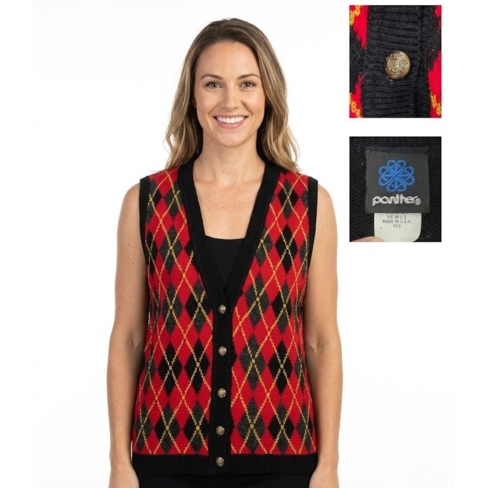 Panther Argyle Sweater Vest Women Medium Red Black Excellent Vintage Preppy Knit